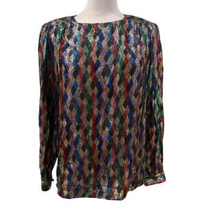 Vintage Lloyd William Rainbow Metallic Long Sleeve Blouse 80s Harlequin Disco 12